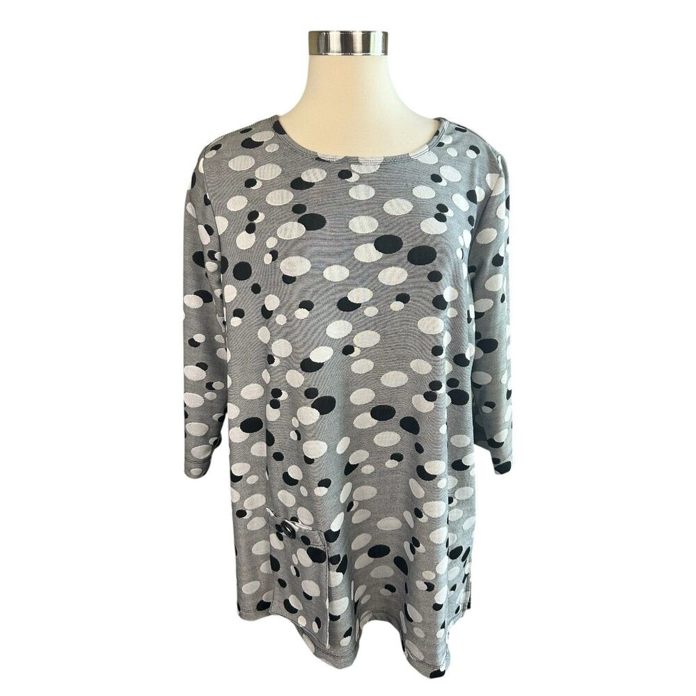 Ali Miles Circle Dot Tunic Top Front Button Pocket Sz XL Gray